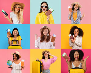 Obraz premium A lively collage showcases happy travelers holding passports, tickets, and travel essentials, expressing joy and anticipation for their adventures. A colorful backdrop enhances their excitement.
