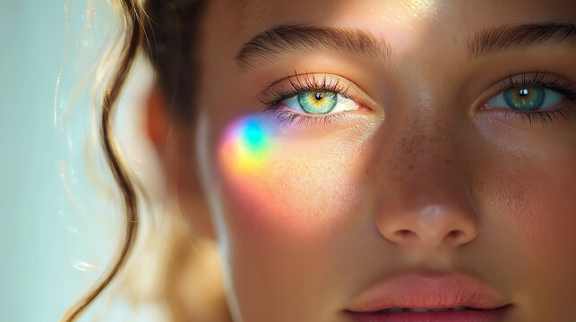 Close-up of gen z teenager with rainbow light on face reflecting optimism and hope - Powered by Adobe