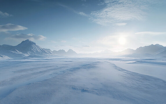 Vast, empty, snow-covered plain with a bright sun in the sky