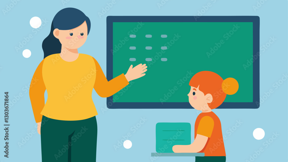 Poster teacher and student a teacher guiding a student using a braille display in a classroom with educatio