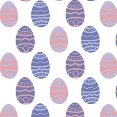 seamless easter eggs pattern,pattern with decorative eggs in pastel pink and blue hues, featuring stripes, dots, and scallops, creating a charming and festive design.