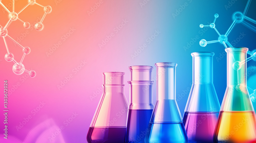 Aufkleber Laboratory flasks and molecular structures creating a colorful scientific scene