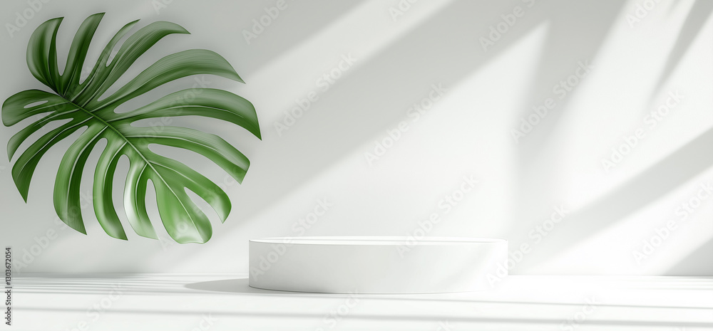 Poster white podium displaying products with monstera leaf and shadow overlay