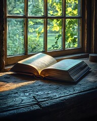 An open book sits on a wooden desk, bathed in warm sunlight from a nearby window. The peaceful scene invites quiet reading and relaxation.

