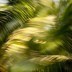 Obraz premium Dynamic capture of palm fronds swaying during a tropical breeze, their motion subtly highlighted under diffused light in