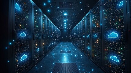 Cloud data center server room with glowing icons.