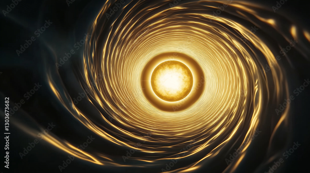 Poster wormhole tunnel creating vortex moving towards golden light