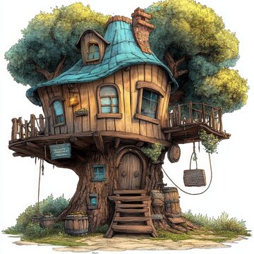 whimsical treehouse with teal roof clip art preview