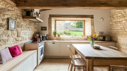 Fototapeta premium Rustic Farmhouse Kitchen with Stone Walls and Wooden Beams