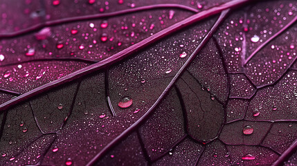 Fototapeta premium Close-up of dew drops on vibrant purple leaf veins creating a stunning natural pattern