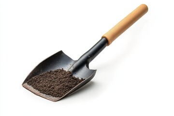 Garden hand trowel with soil on metal scoop and wooden handle isolated on Transparent Background