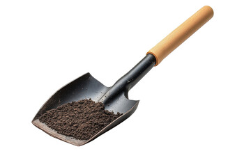 Garden hand trowel with soil on metal scoop and wooden handle isolated on Transparent Background