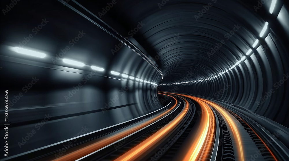 Aufkleber Light trails from fast moving train passing through futuristic illuminated tunnel