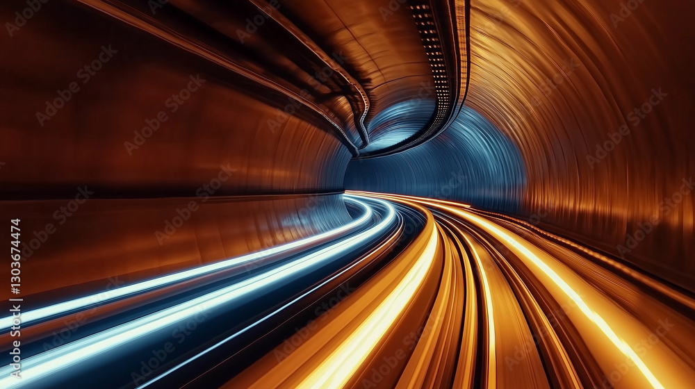 Poster light trails speeding through futuristic tunnel with orange and blue lights