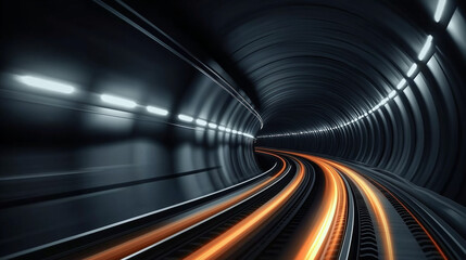 Light trails from fast moving train passing through futuristic illuminated tunnel