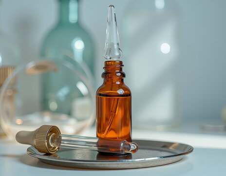Tranexamic Acid Serum in Amber Apothecary Bottle with Frosted Glass Pipette on a Lab-Grade Stainless Steel Tray