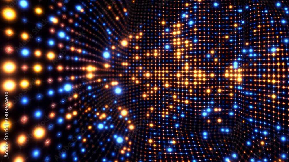 Poster wavy surface covered by glowing orange and blue dots creating a futuristic background