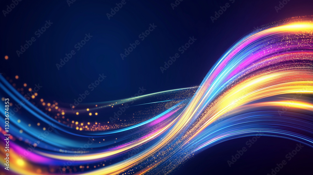 Poster abstract colorful wavy lines flowing on dark blue background