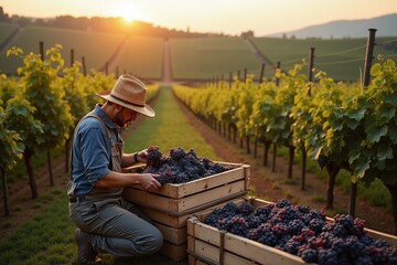 Vineyard worker inspecting grapes at dawn