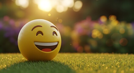 Smiling Emoji Relaxing on Grass During Golden Hour with Bokeh Background