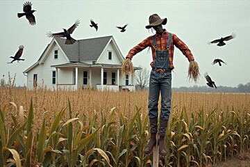 Scarecrow in cornfield with crows and farmhouse