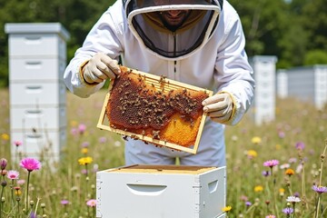 Beekeeper in protective suit inspects hive with honeycomb