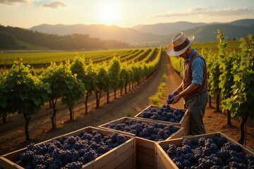 Vineyard at dawn with worker inspecting grapes