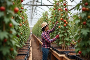 Farmer examining tomatoes in a lush greenhouse