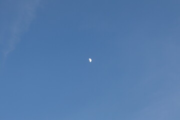 The image shows a clear blue sky with a small, half-illuminated moon visible in the center. There are a few wispy clouds in the upper left corner.