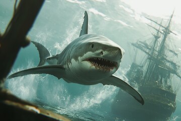 Cinematic shot captures a massive shark swimming near a sunken ship in clear ocean waters, Cinematic shot of a passing shark
