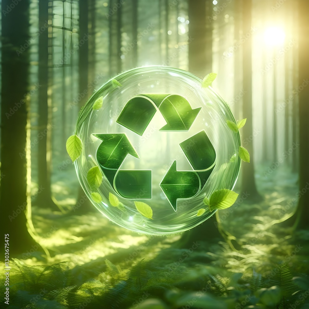 Poster eco-friendly green recycling symbol floating in blurred forest with sun rays shining through tree br