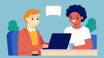 Obraz premium Supportive Environment A mentor helping a younger diverse candidate prepare for an interview illustrating guidance and support in the recruitment process.