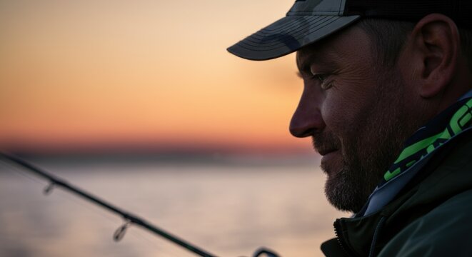 Caucasian mature male fishing at sunset with fishing rod in silhouette