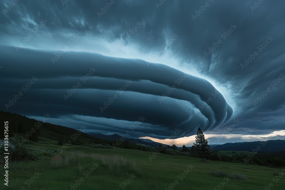 Poster dark clouds rolling in a dramatic timelapse over a mountain landscape at twilight, timelapse of dark