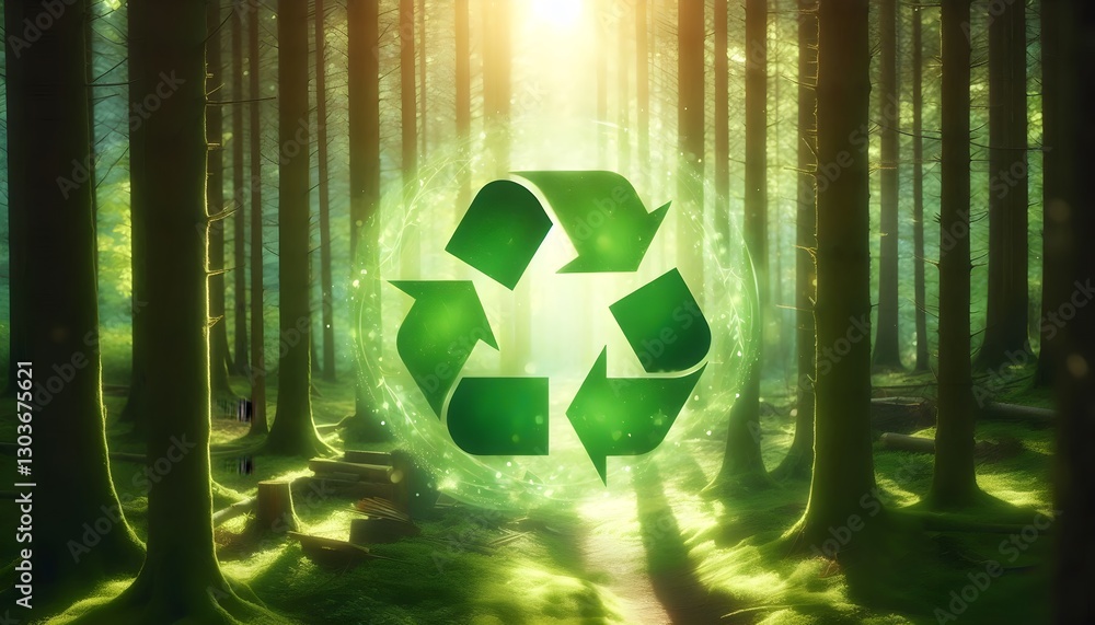 Poster eco-friendly green recycling symbol floating in blurred forest with sun rays shining through tree br