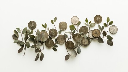 Coins and leaves on white background; financial concept; decorative display; stock photo