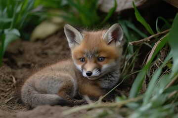 Obraz premium Young red fox pups playfully exploring the grass in a natural habitat during a sunny afternoon, Red Fox Young Pups are playing in the grass near the burrow Vulpes vulpes
