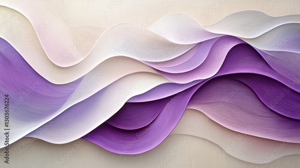 Poster Abstract composition of flowing waves with gradients of purples and whites