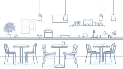 Fototapeta premium Cafe Interior Line Drawing, Modern Design, Empty Restaurant, Background, Illustration, Stock Photo, Commercial Use, Restaurant