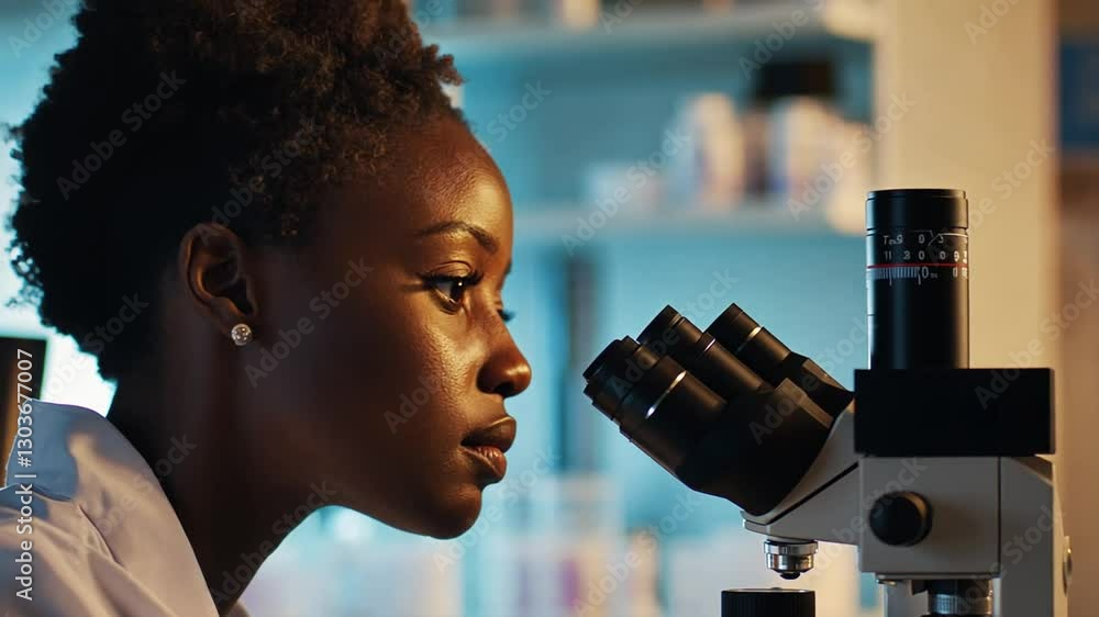 Poster focused researcher analyzing sample under microscope in laboratory setting