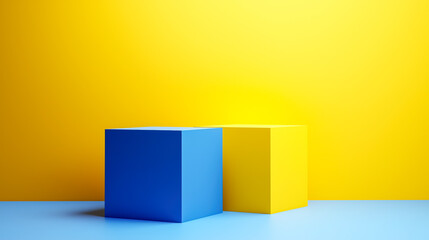 Obraz premium Geometric composition featuring a blue and a yellow block against a vibrant yellow background. Minimalist design with strong color contrast.