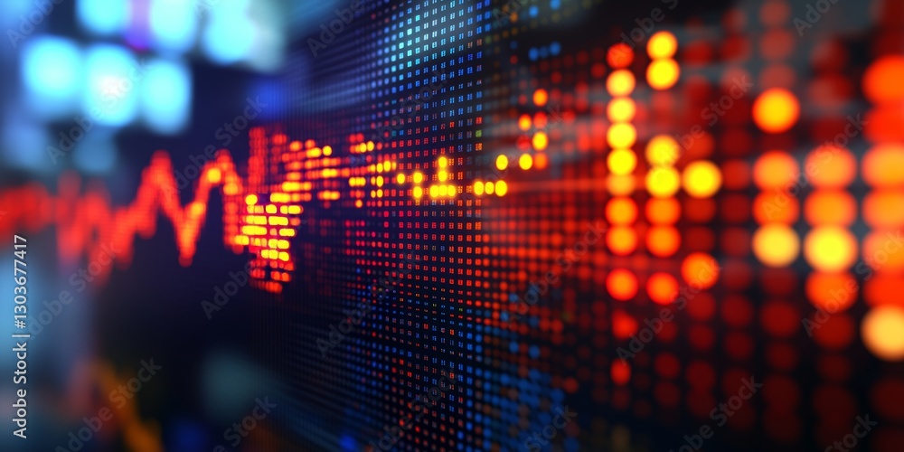Poster stock market ticker screen displaying real-time data, uptrend graph, bokeh background