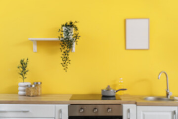 Blurred view of kitchen with counters and shelf