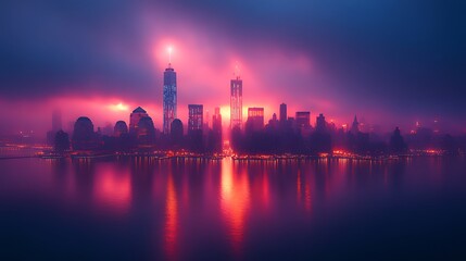 Fototapeta premium Foggy NYC Skyline Sunrise, Fireworks, Reflection