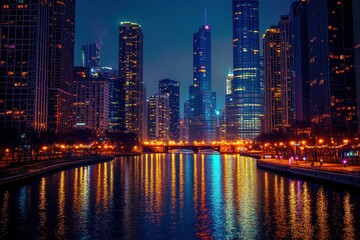 Obraz premium Vibrant city skyline illuminated at night with reflections on the calm river waters, City at night