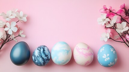 Fototapeta premium Easter Eggs and Spring Flowers on Pink Festive Flat Lay Composition for Spring Celebrations