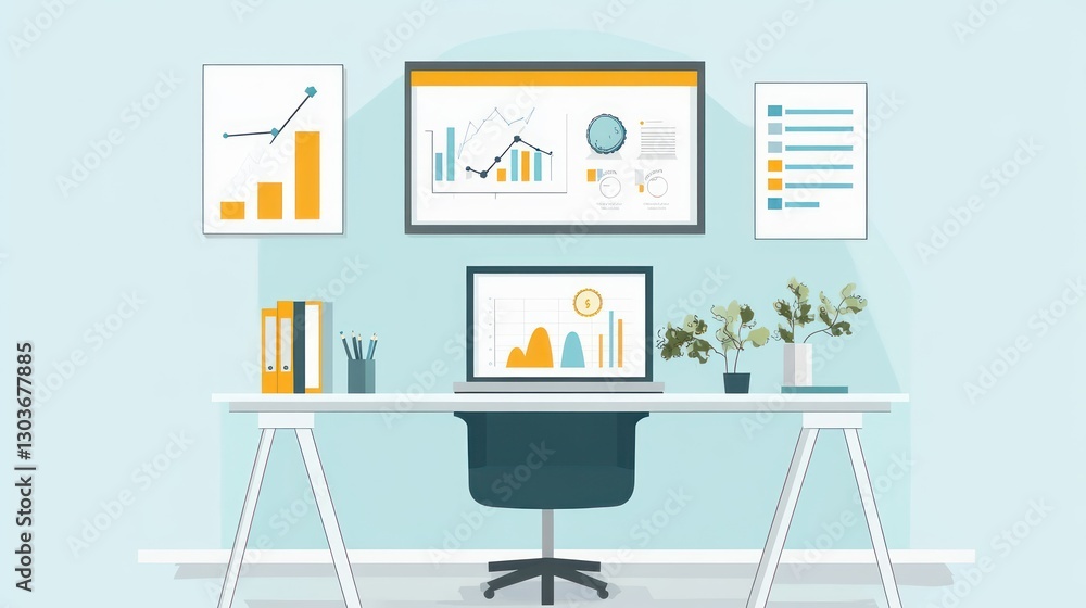 Poster modern workspace with charts and graphs