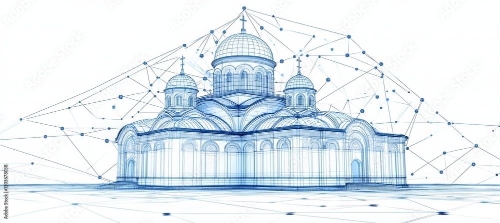 Poster historic cathedral architecture in digital network, blueprint rendering of ancient building