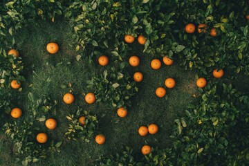 Oranges scattered across lush green ground in a vast orchard under bright daylight, An aerial view over oranges scattered across the grassy ground of an orchard