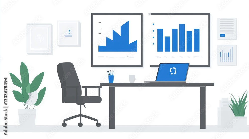 Poster modern office workspace with data displays